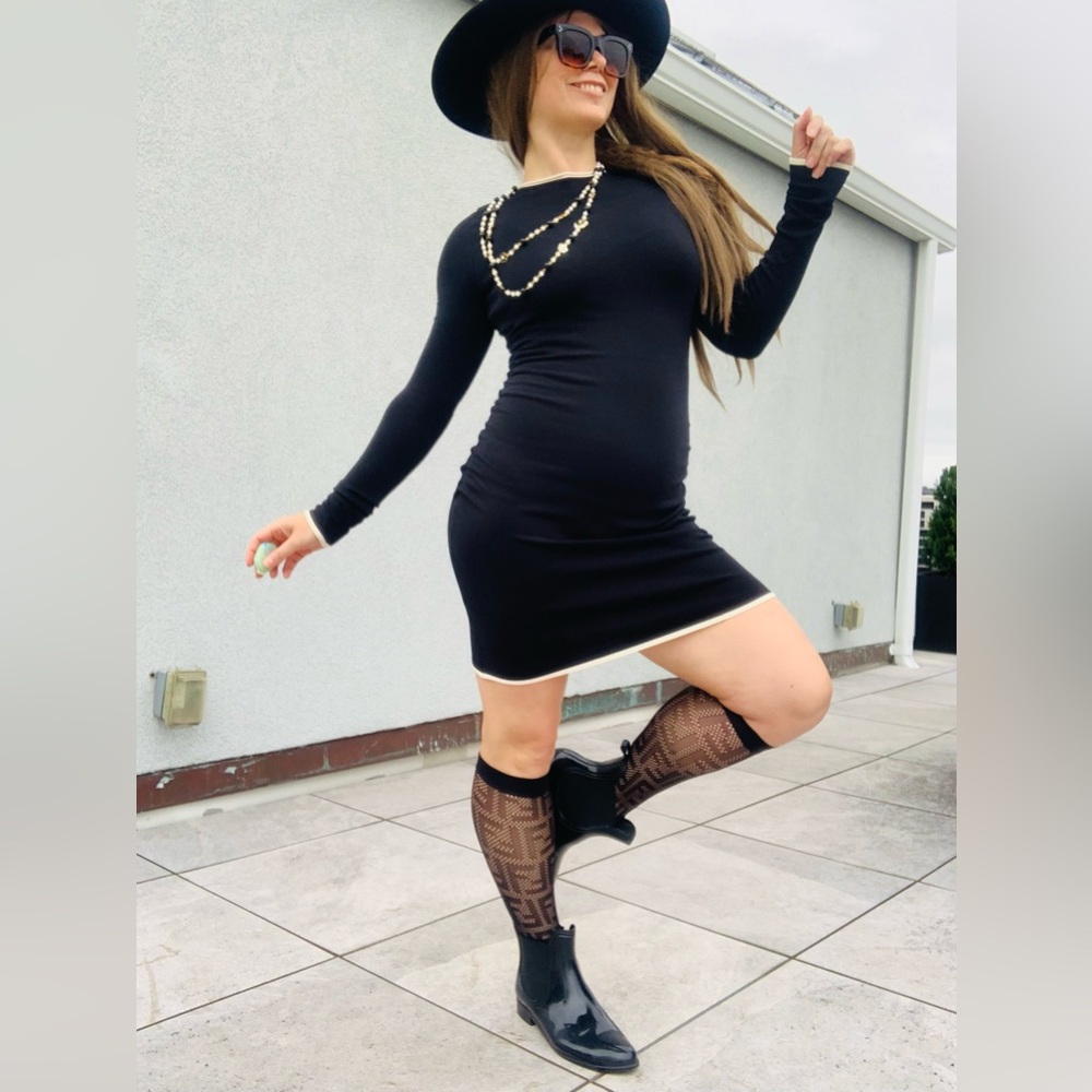 DISSH Wednesday’s Classic Black Cream Trim Goth Skinny Stretchy Body Glove Dress